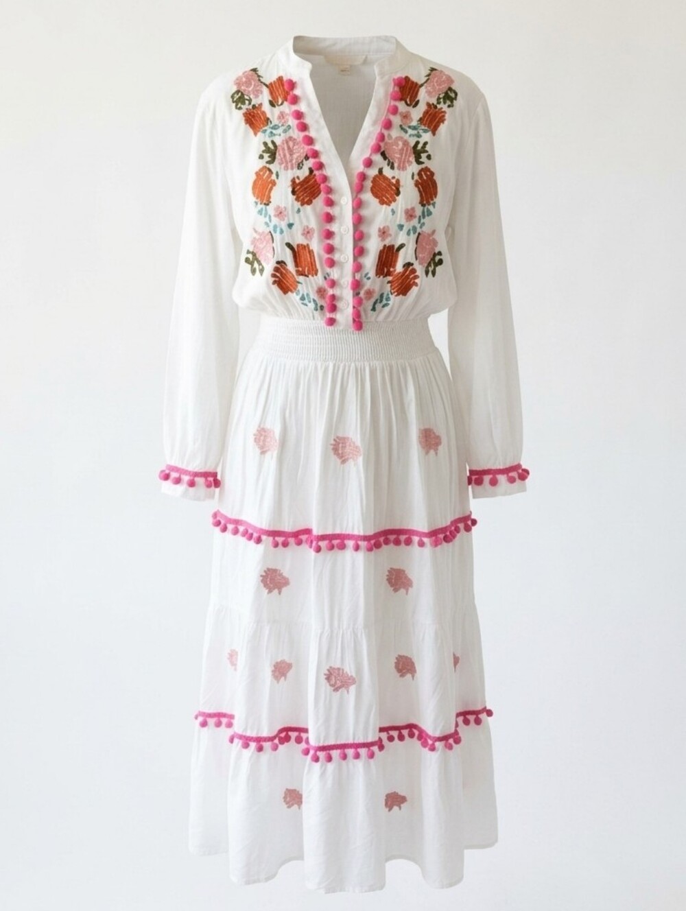Chicwish Stay Romance Cotton Embroidered Maxi Dress Sz.M Floral Pom Pom Boho
